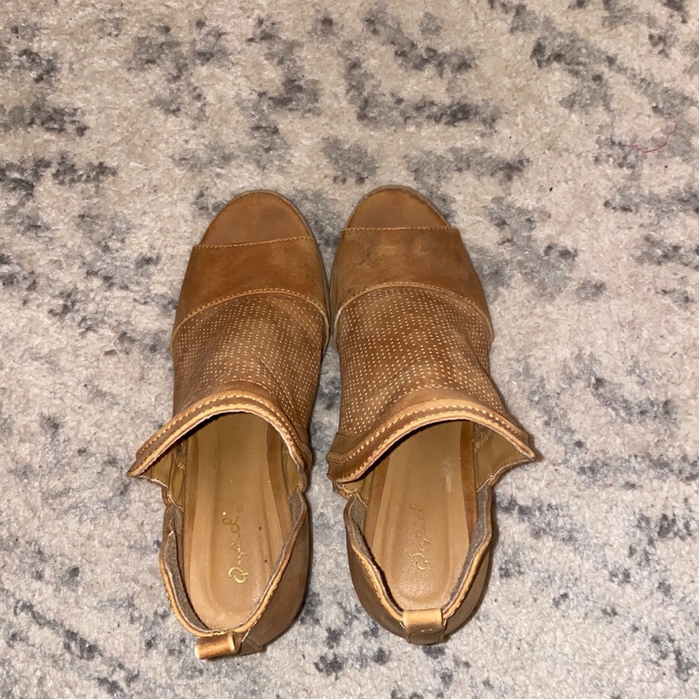 Tan open toe booties